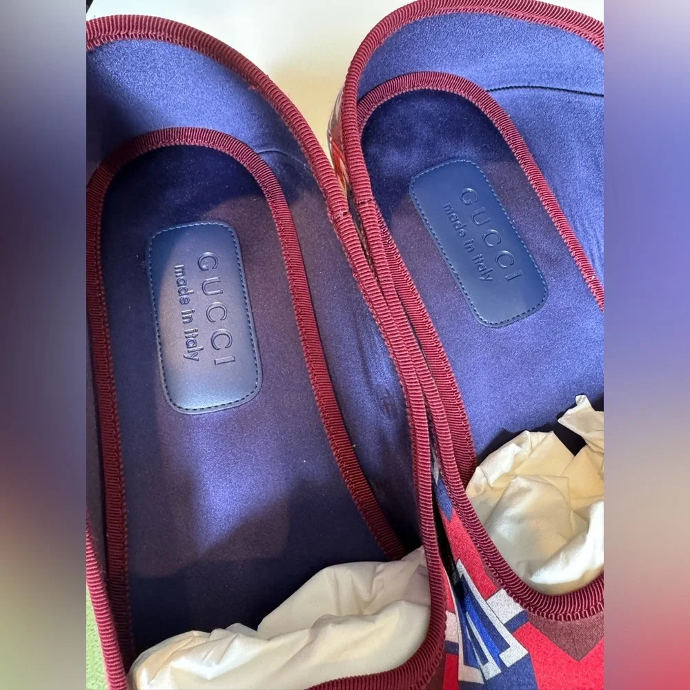 Gucci Red Satin Voyage Geometric G Print Slipper Shoes New $570
